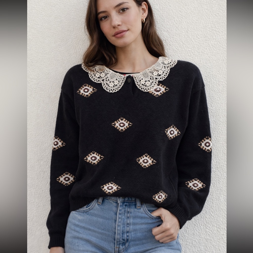 Vintage cotton blend Peter Pan collar embroidered third eye retro 80’s sweater S